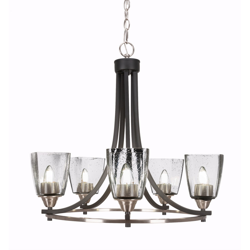 Lustre 5 lumières Paramount illustré en noir mat et nickel brossé avec verre carré de 4,5 po, À bulles