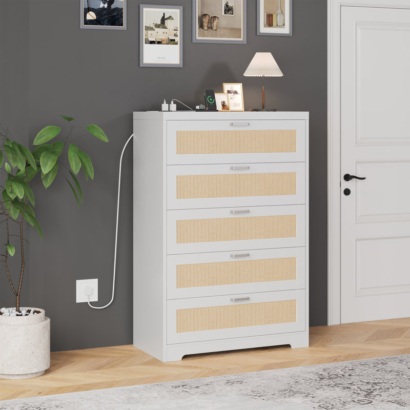 5-Drawer Rattan Dresser, Wooden Chest with Wide Top, White