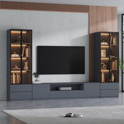 126'' Modern Entertainment Center Set of 3 for TVs up to 75 Inch, Wooden TV Stand Media Console with Storage, Gray TV Console and Two 4-tier Glass Shelves for Home