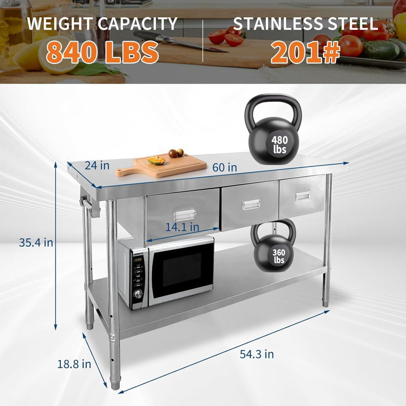 Table de préparation en acier inoxydable 60 po x 24 po avec tiroirs, table de travail robuste