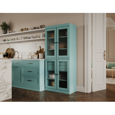 100% Solid Wood 32" Pantry Cabinet with Frosted Glass Doors, 2-Drawers and Adjustable Shelves