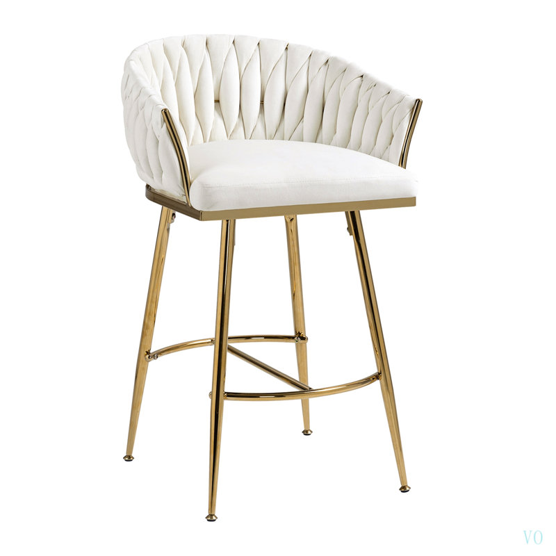 Tabouret de bar 26 po à hauteur de comptoir en velours pour îlot de cuisine avec dossier ondulé à la main, base et repose-pieds