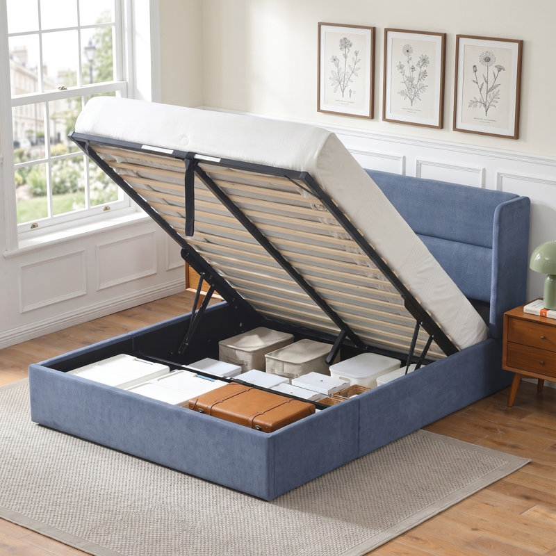 Lit plateforme tapissier avec rangement Gaillarde, Bleu brume grisâtre, Grand