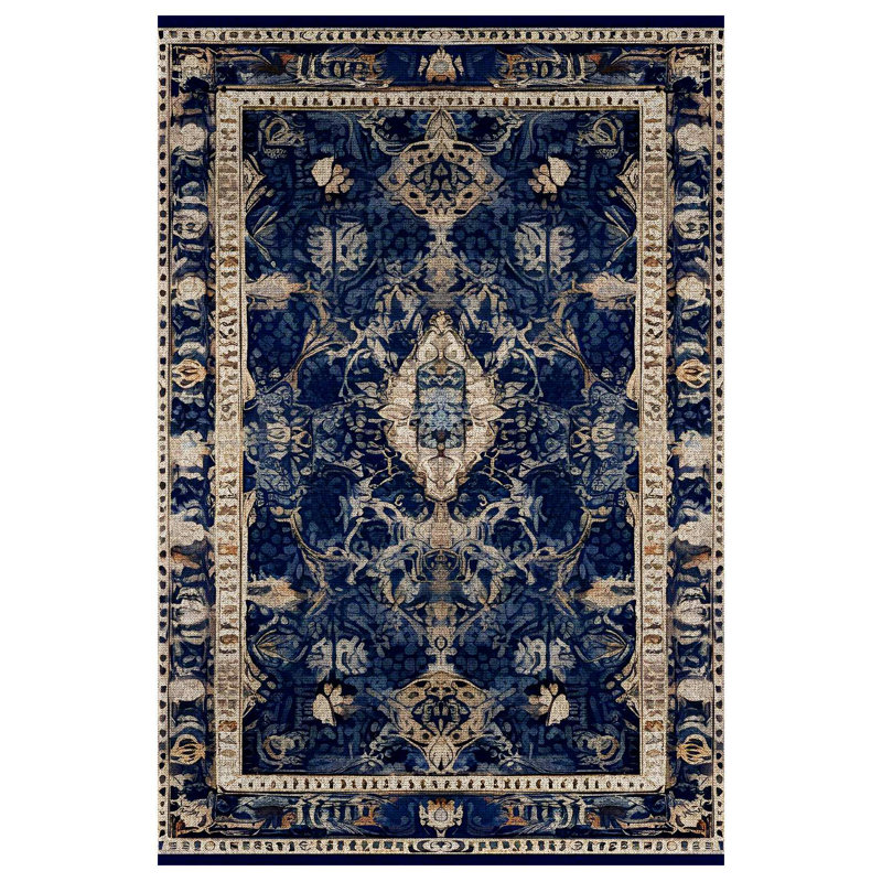 Isabel Collection Digital Print Cotton-Polyester Navy Beige Vintage Look Rug, Runner 2'8" x 7'3"
