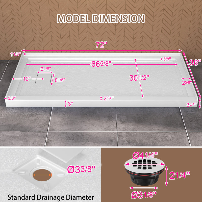 Base de douche en acrylique 72 po x P 36 po à seuil simple pour installation en alcôve avec drain à gauche, Gauche