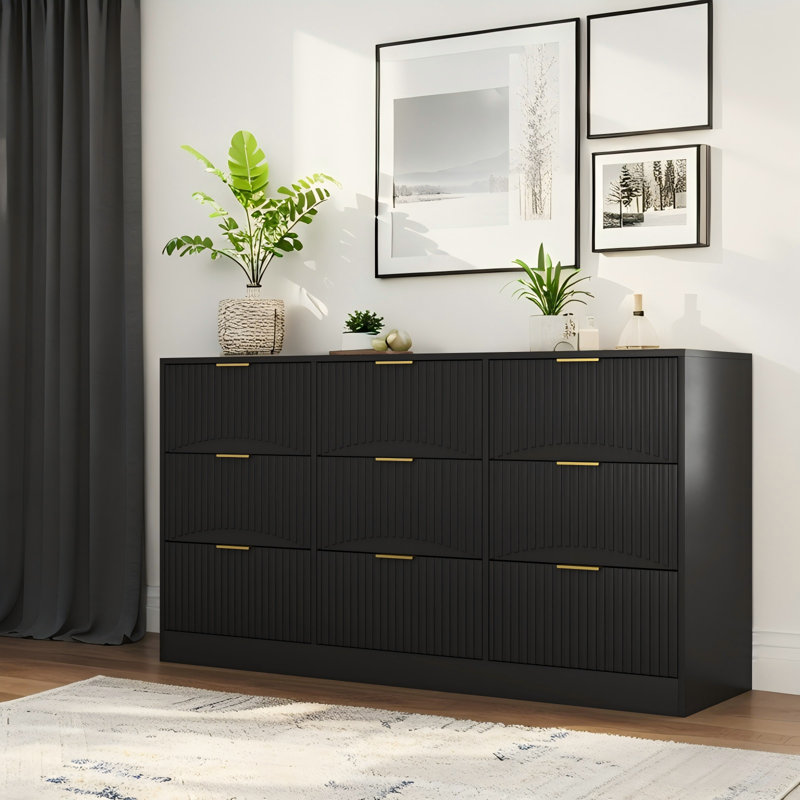 Black 9 Drawer Dresser With Golden Handles, 63″ Wavy Panel Storage Chest, Black