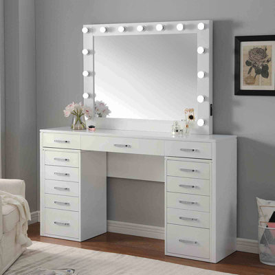 Glam Style 1Pc Vanity Set Multiple Drawer Cabinets 15Pcs Bulbs USB Charger White Finish Bedroom Furniture Stool Not Included