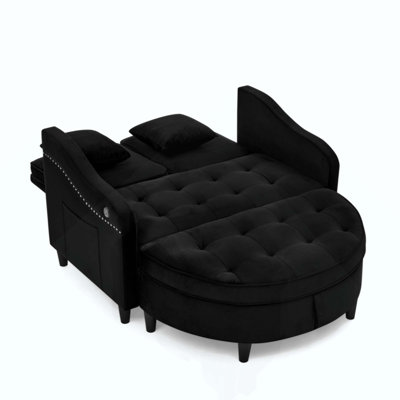 Canapé deux places avec repose-pieds incurvé avec rangement et port USB, dossier réglable et poches latérales, livré avec deux petits coussins décoratifs, idéal pour le salon
