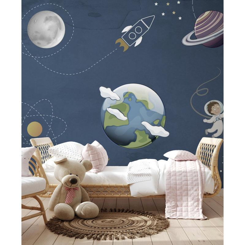 Papier peint marine avec planètes et fusées, L 50 po x l 75 po