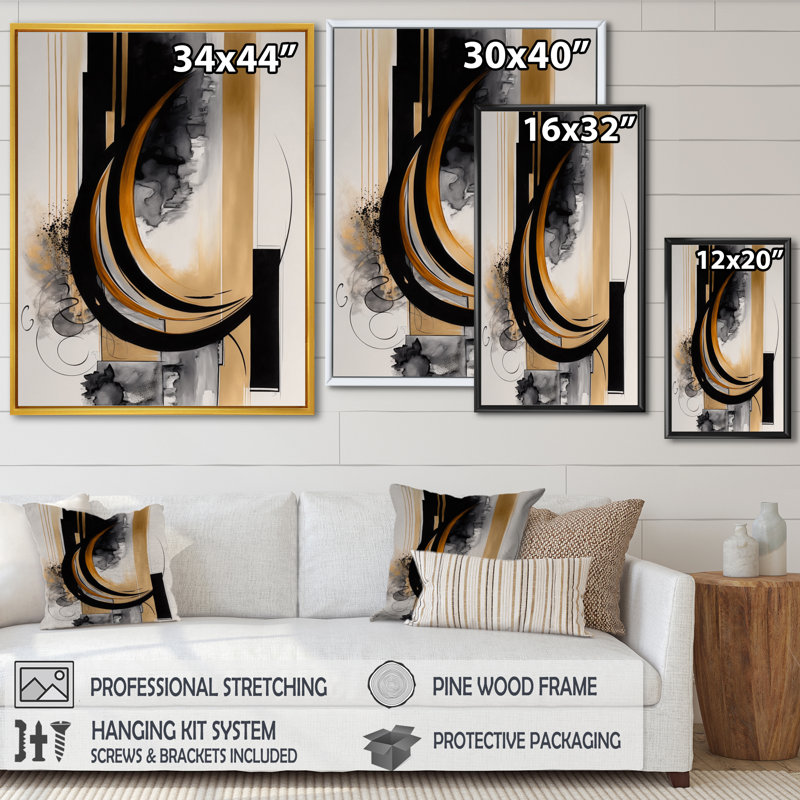 Gold Touch Art Deco II - Art mural abstrait, H 32 po x l 16 po x P 1 po, Toile avec cadre flottant noir
