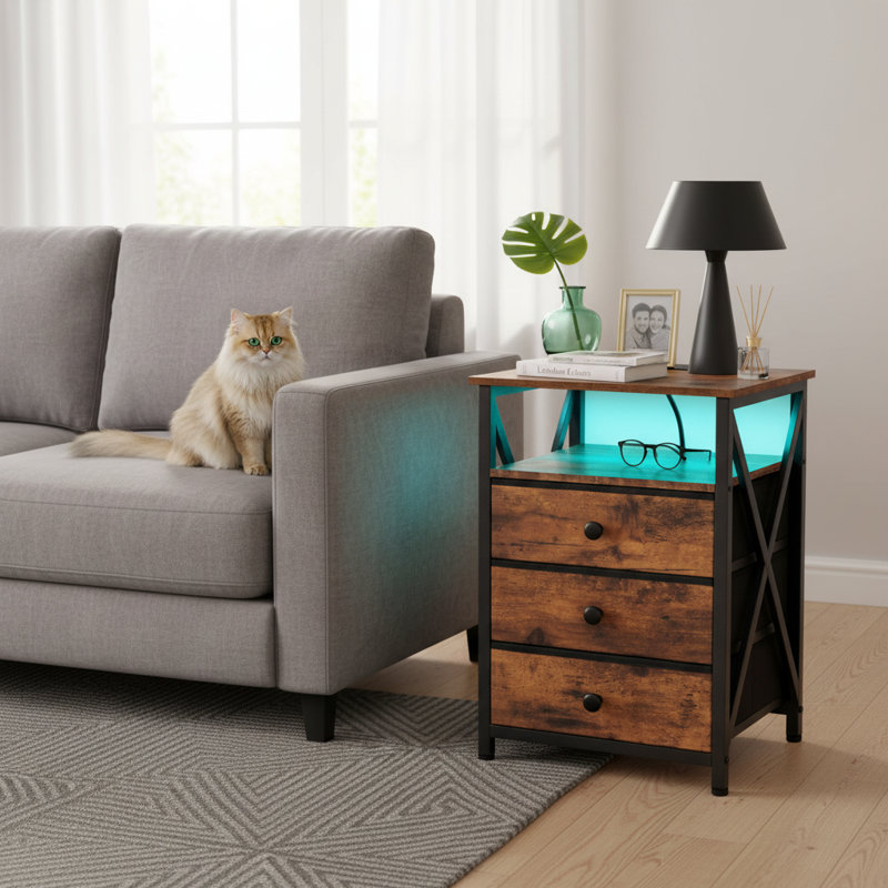 Metal Bedside Table, Rustic Brown