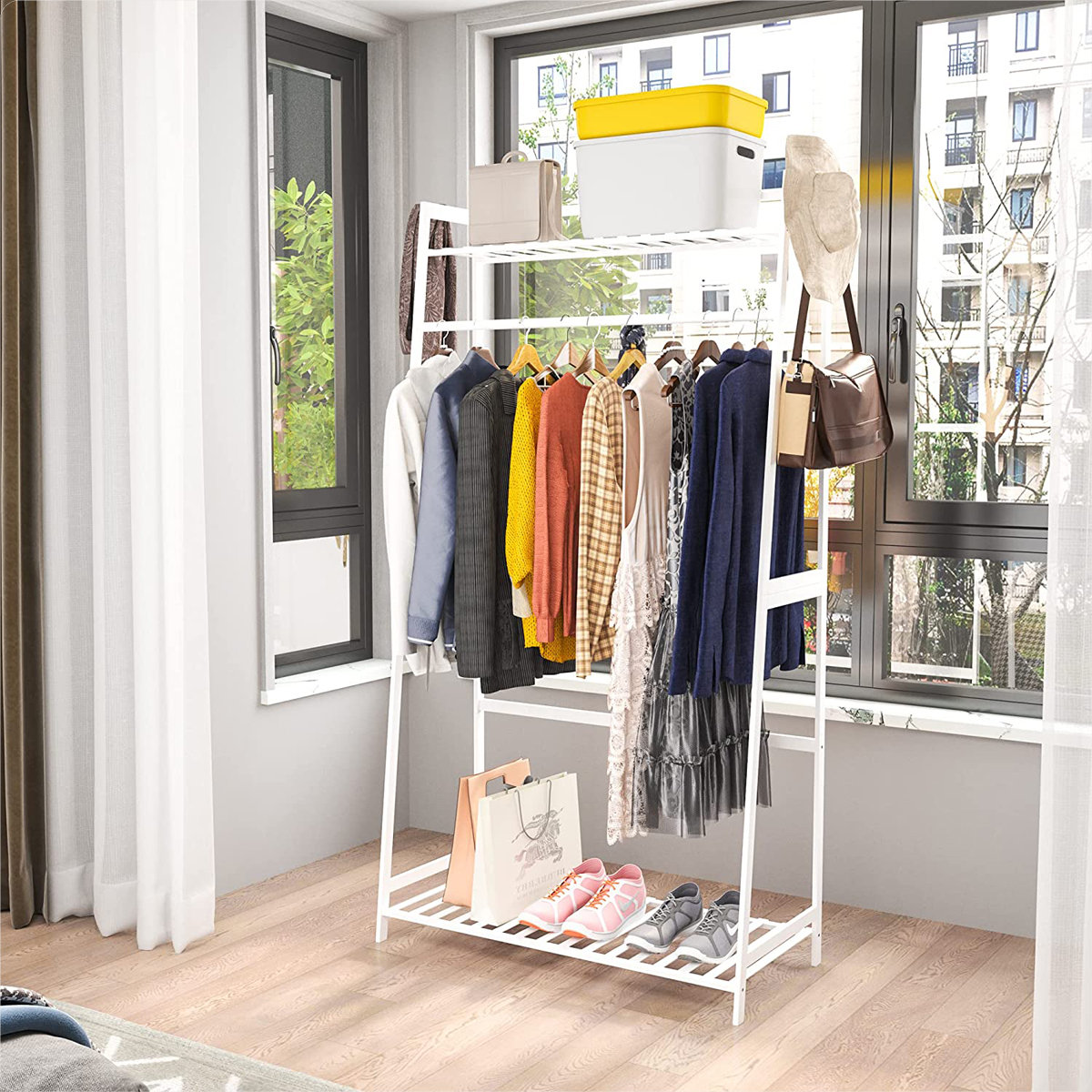 Freestanding Closet Organizer with 6 Shelves and Hanging BarWhite