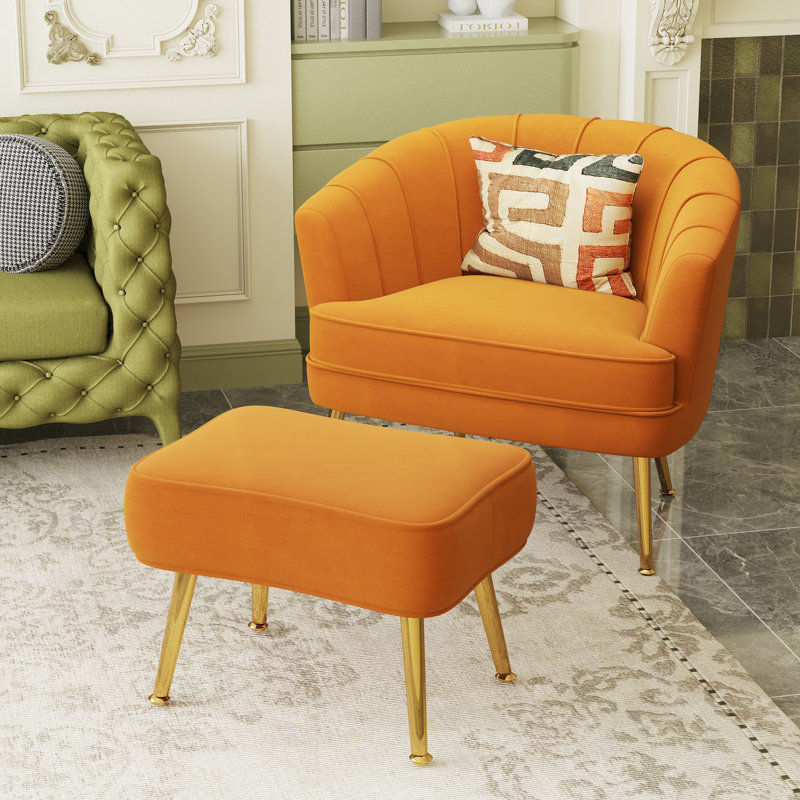 Latonia Upholstered Barrel Chair with Ottoman, Orange Velvet