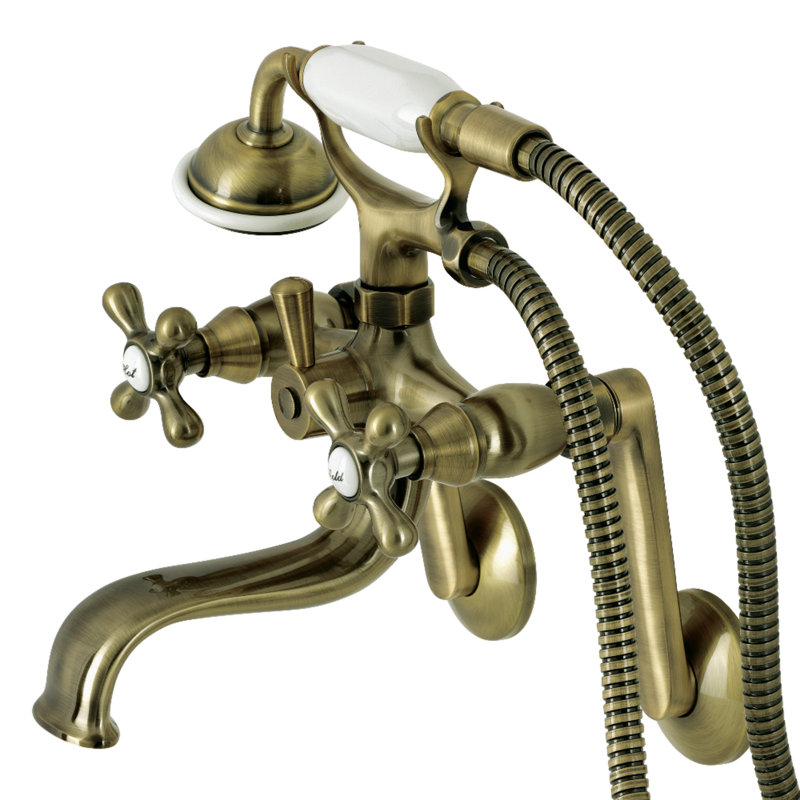 Kingston Brass Kingston Three-Handle 2-Hole Tub Wall Mount Clawfoot Tub Faucet with Handshower, Antique Brass