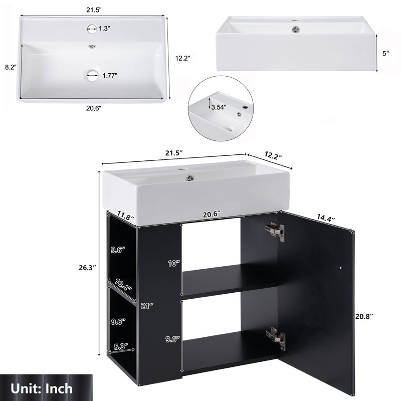 Meuble-lavabo mural 21,5 po avec porte à fermeture douce, Noir, noir, noir, noir