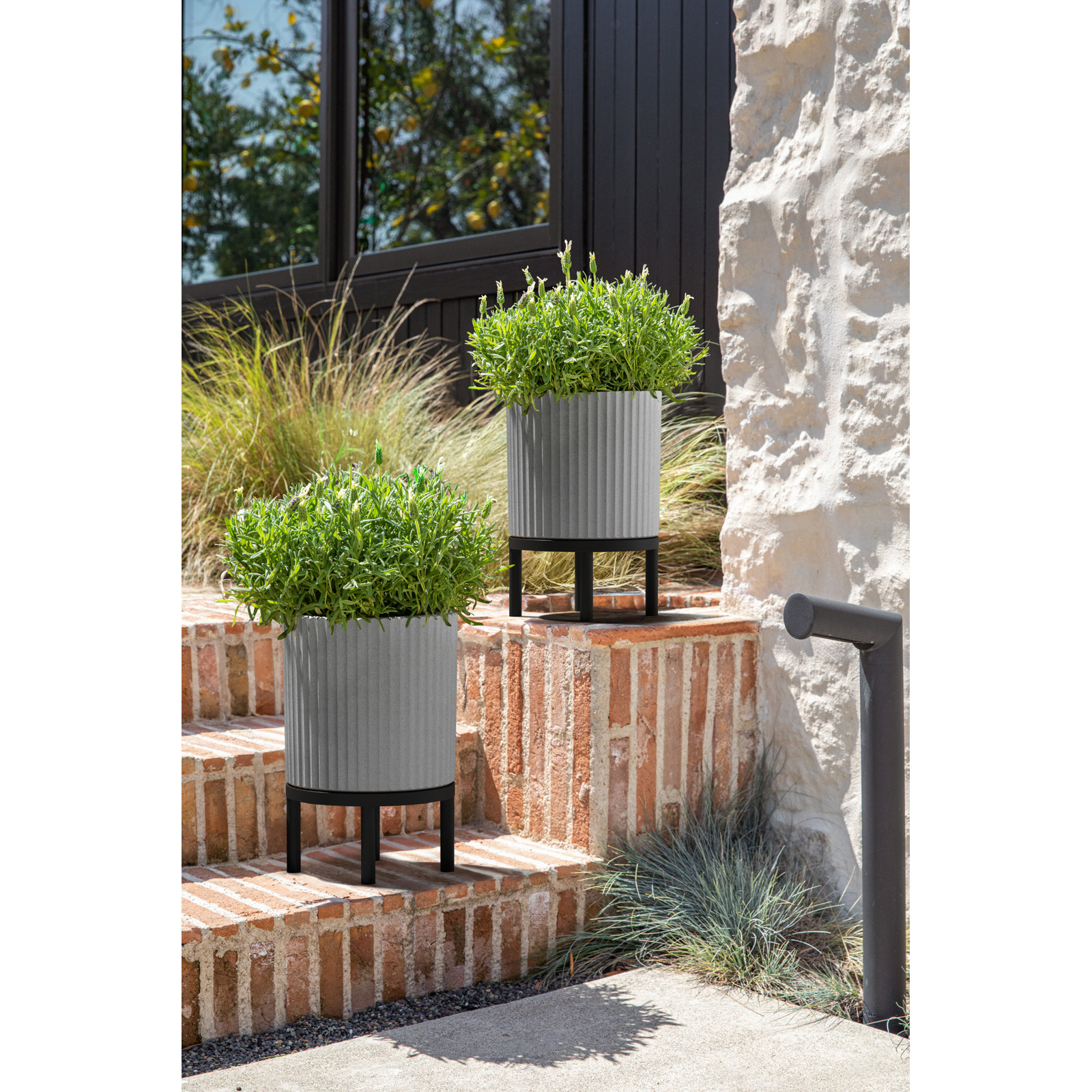Demi Series Planter with Stand, 2, Gray/Black, 16" H x 10.5" W x 10.5" D