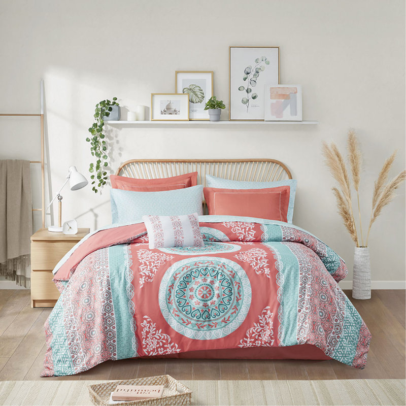 Ensemble d'édredon simple avec draps, Édredon lit simple + 6 pièces incluses, Corail