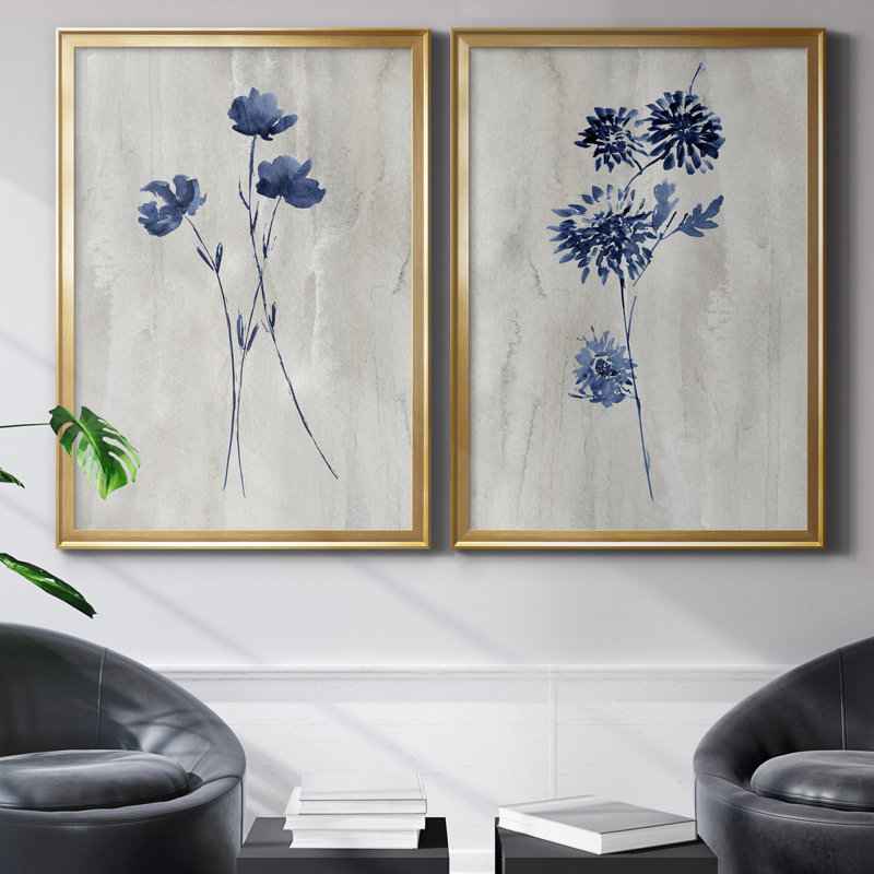 Indigo Botanical III - ensemble de 2 reproductions d'impressions, Pas de tapis, Toile encadrée dorée
