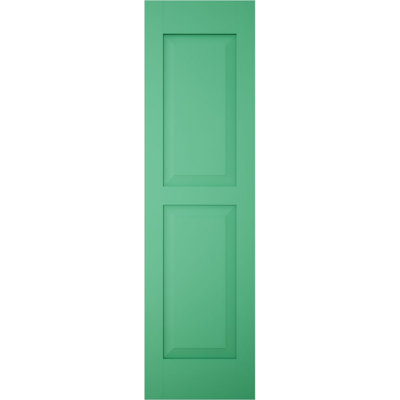 Volets extérieurs Americraft à deux panneaux surélevés égaux en bois véritable (par paire), 12 po L x 83 po H, avec capuchons de volets en aluminium et nénuphars.