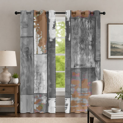 2Pcs Grey and Brown Wood-Grain Pattern Curtains, Distressed Style Curtain, Rustic Vintage Plank Texture Printed Art Grommet Drapes, Window Treatment for Bedroom Living Room Decor