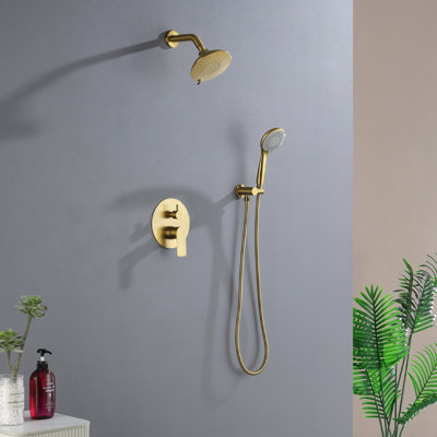 6" Complete Shower Combo Set, 5 Functions Solid Brass Shower Set with Rough-in Valve