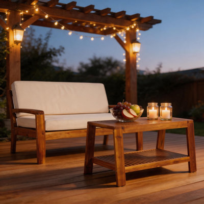 Ensemble de conversation d'extérieur en bois d'acacia 2 pièces, causeuse et table basse à deux niveaux avec coussins beiges résistants à l'eau, ensemble de meubles de patio rustique minimaliste d'une capacité de 350 lb pour la cour arrière