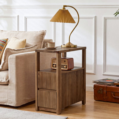 Solid Wood End Table with 2 Drawers, Dark Walnut Brown
