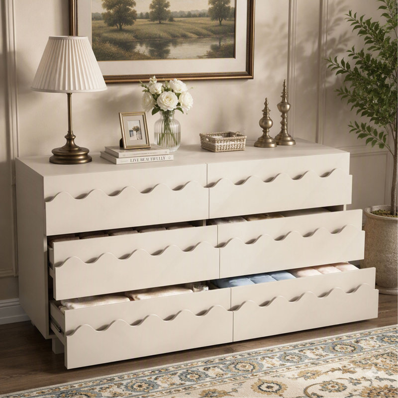 Commode ivoire de 60 pouces à 6 tiroirs avec façade ondulée, meuble télé moderne et armoire de rangement pour chambre à coucher