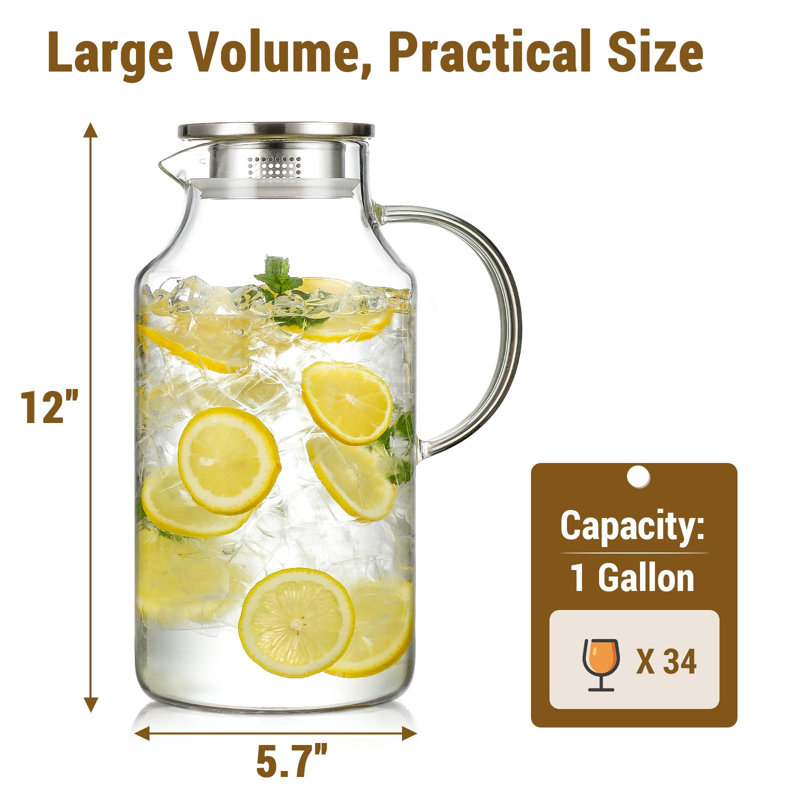 Pichet en verre épais de 3,8 litres (1 gallon) avec couvercle et bec verseur, carafe en verre borosilicate transparent pour boissons chaudes et froides.