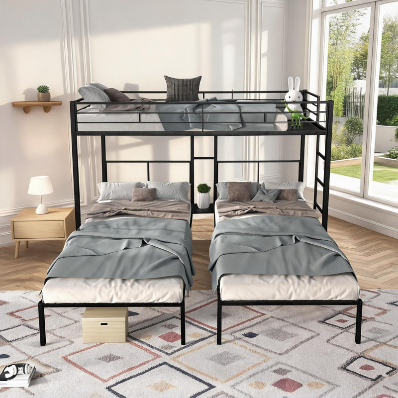 Lit superposé triple noir mat pour les chambres partagées et les familles en pleine croissance, structure en acier robuste en forme de L pour trois lits simples