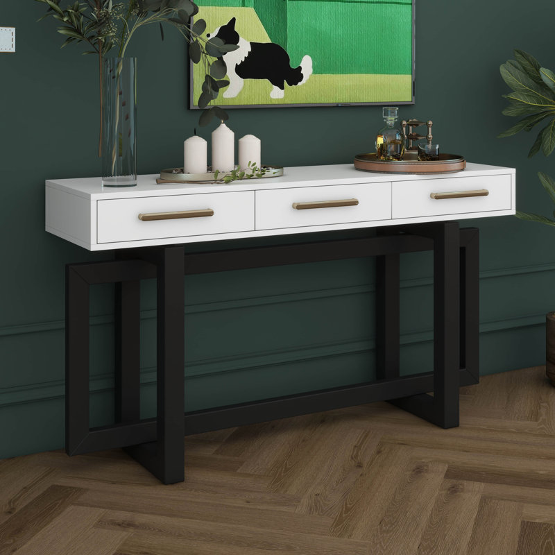 Longue console avec 3 tiroirs et poignées, tables de canapé d'entrée minimalistes avec base en croix pour le couloir du salon
