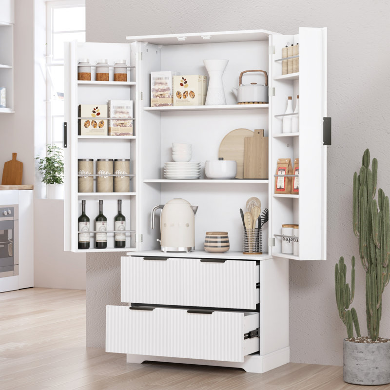 72" Modern Fluted Kitchen Pantry Cabinet With 2 Large Drawers & 8-Door Spice Rack, Freestanding Storage Organizer For Bathroom, Dining Room, Office, Entryway