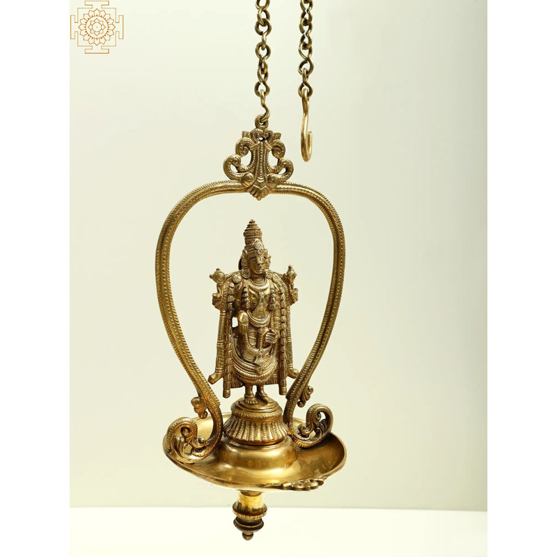15" Handmade Brass Tirupati Balaji Hanging Lamp Diya - Lord Venkateswara Ritual Oil Lamp, Auspicious Lighting for Puja Rooms & Home Altars​