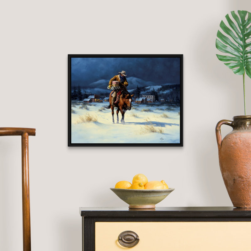 «Bringing Christmas Home» par Jack Sorenson - reproduction d'art sur toile, H 18 po x l 22 po x P 1,75 po, Cadre noir