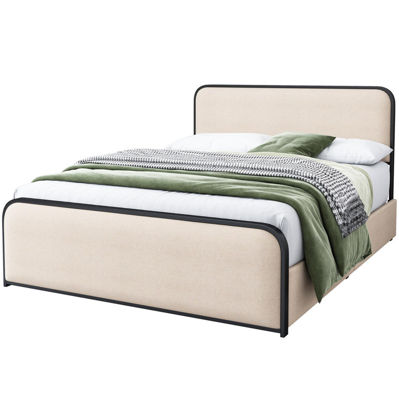 Lit avec 4 tiroirs de rangement, cadre de lit moderne en métal avec tête et pied de lit rembourrés courbés, Grand lit