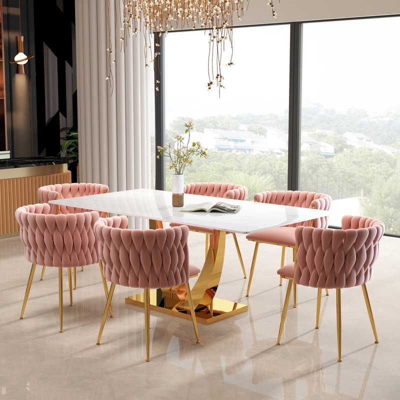 Rectangle Pedestal Dining Set with Woven Dining Chair, 29.5"H x 71"L x 35.4"W, Pink