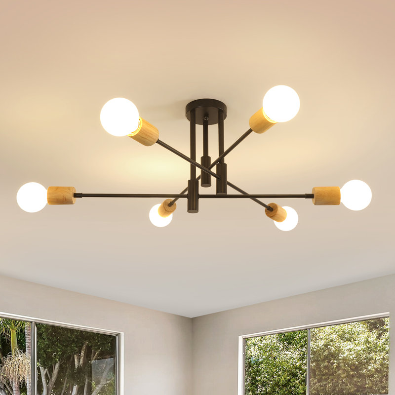 Modern 72cm 6-Light Sputnik Semi Flush Ceiling Light With Bulbs, Matte Black/Wood