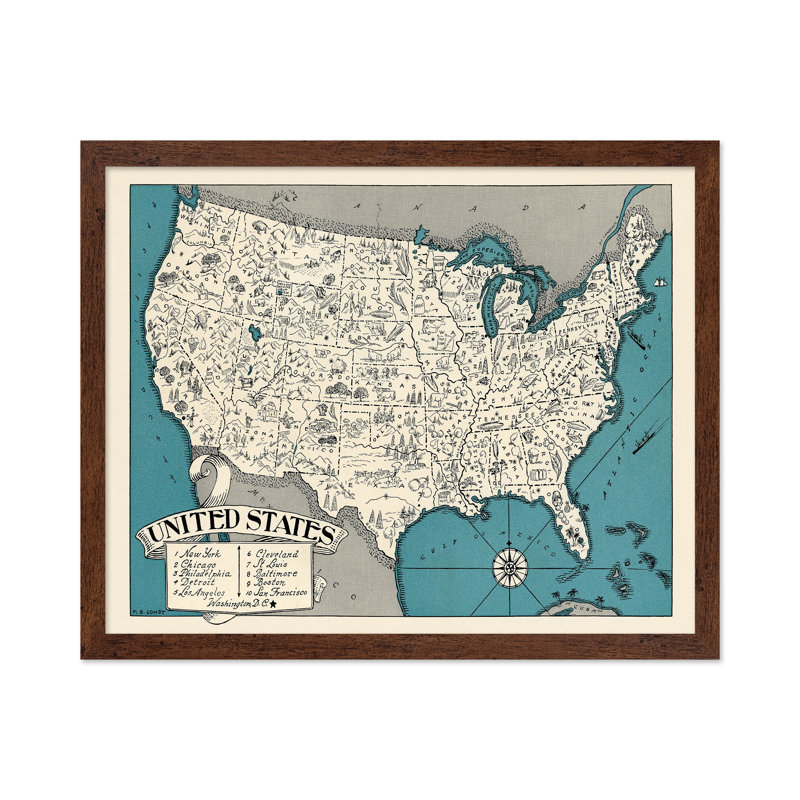 Carte illustrée des États-Unis, 16"H x 20"W, Poster, Encadrement brun