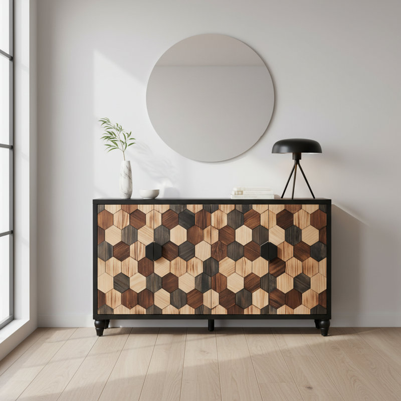 Armoire de rangement moderne patinée avec portes à motif en nid d'abeille, buffet décoratif pour vestibule, salle à manger ou salon