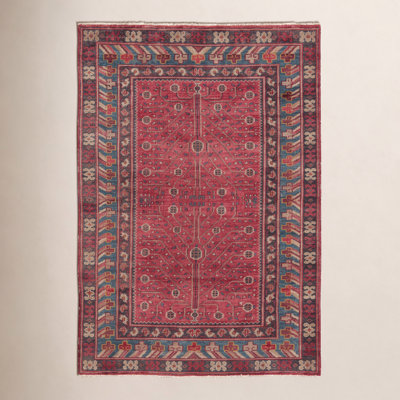 Red Blue Hand-Knotted Wool Oriental Rug