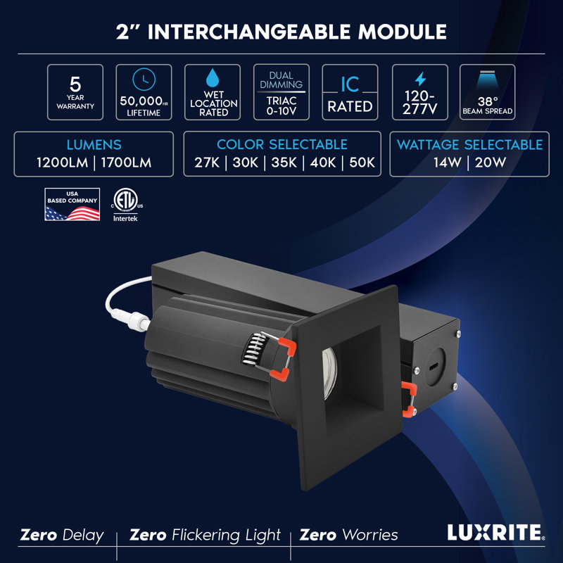 Luminaire DEL sans cadre 2 pouces Luxrit avec garniture carrée noire interchangeable Luxrite, 5CCT, CRI90, à intensité variable, 14 / 20W, faisceau 38 °, 1200 / 1700LM, 120-277V, ETL