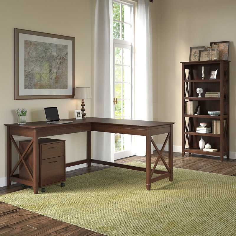Ensemble de bureau à crédence en L 3 pièces Huckins, Cerisier Bing