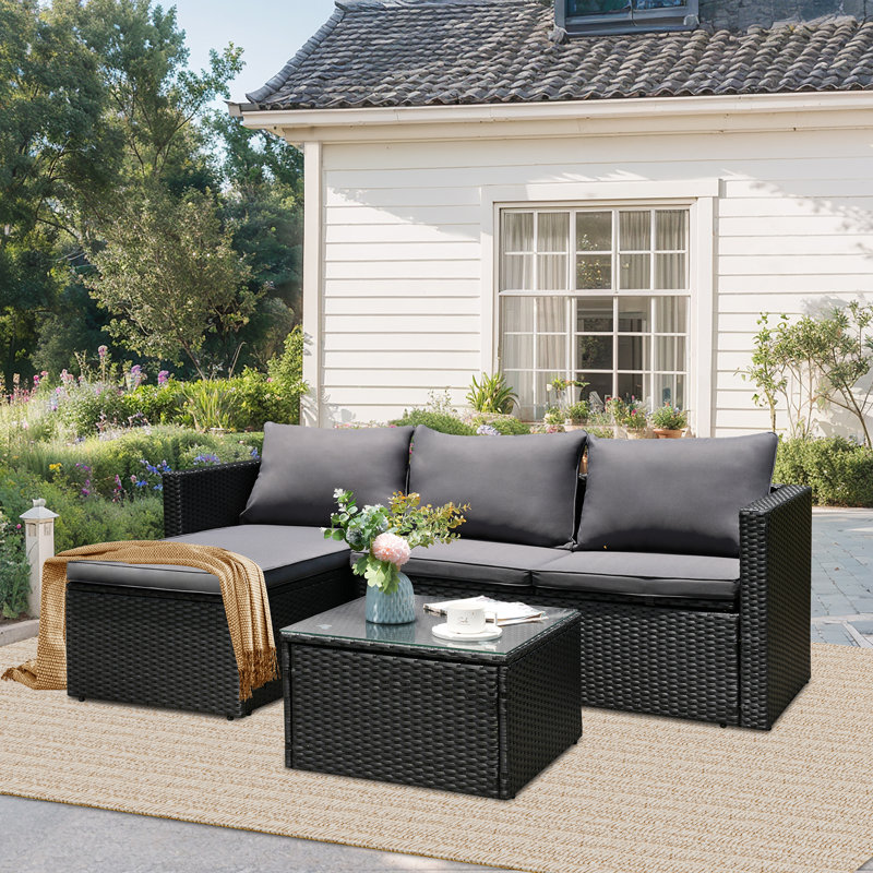 Harbaugh Wicker 3 - Person Patio Conversation Set with Cushions, Gray/Black