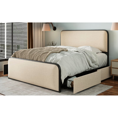 Modern Beige Queen Bed Frame With Upholstered Ends, 4 Under - Drawers, Solid Metal Slats Headboard And , Storage Compartments,