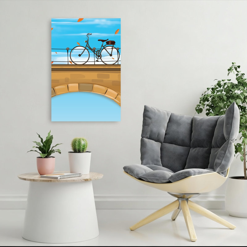 Automne, pont, vélo, tranquillité classique, ville d'automne rétro, impression d'art mural, 36" H x 24" W