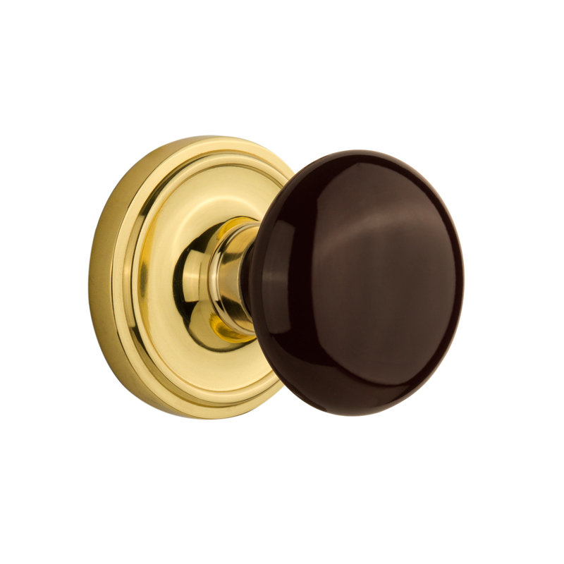 Classic Rosette with Brown Porcelain Door Knob, Unlacquered Brass