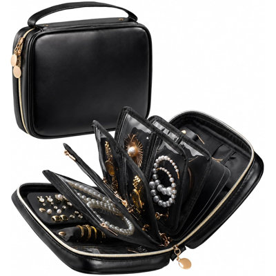 Grand livre à reliure à bijoux avec pochettes individuelles, sac à fermeture à glissière en cuir portable pour le rangement des bijoux - Noir