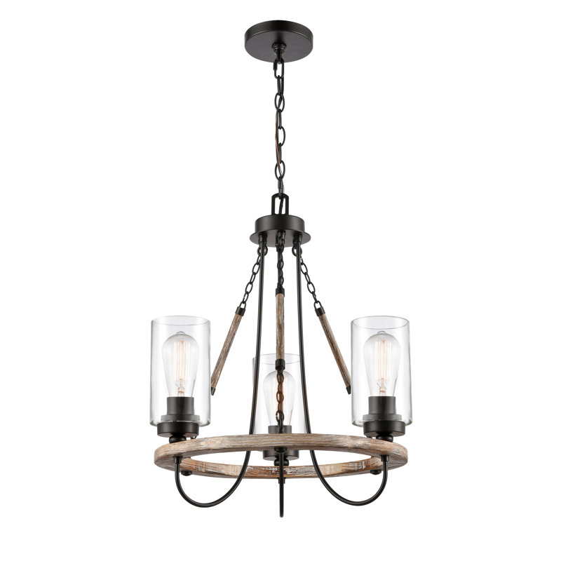 Lustre en roue de chariot à 3 lumières avec détails en bois Tallant, Transparent / clair, Ampoule non incluse