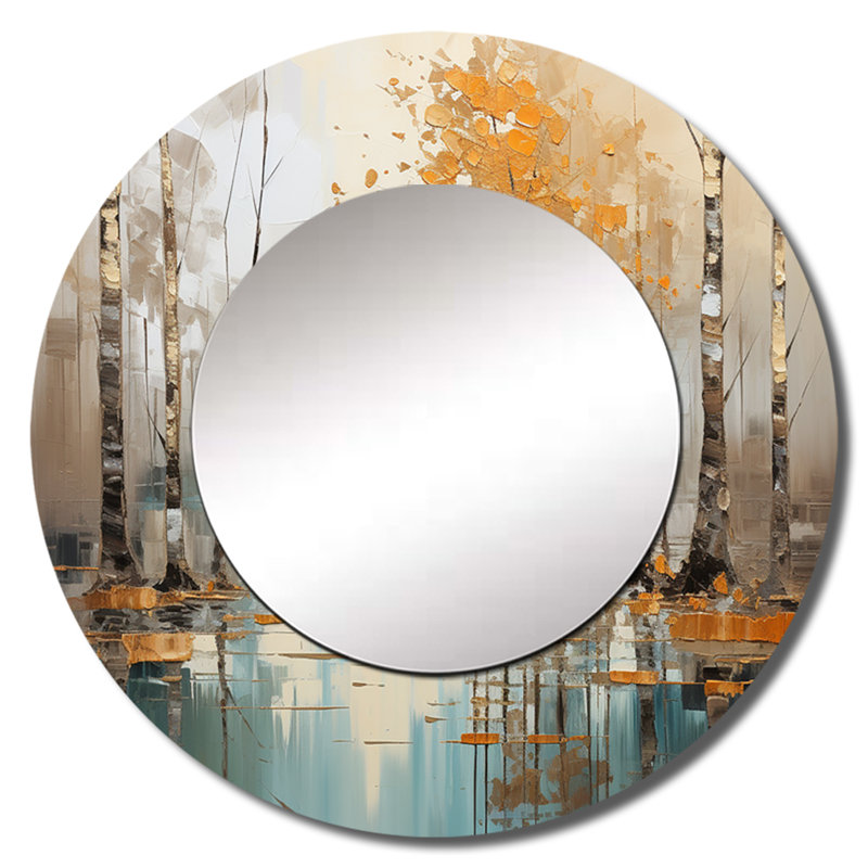 Birch Woods Golden Reflections I - Birch Decorative Wall Mirror, Gray Round Mirror, Printed Metal Art, 23" x 23"