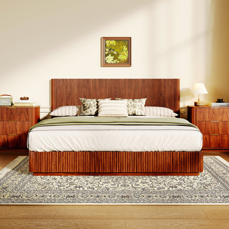 Platform Bed Frame With LED Lights, Walnut, King